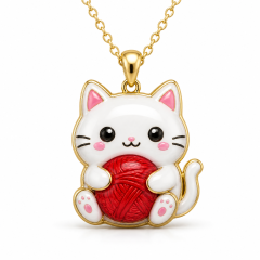 Custom Epoxy Cat Pendant Necklace Kawaii White Cat with Red Yarn Ball Domed Resin Gold Tone Jewelry OEM