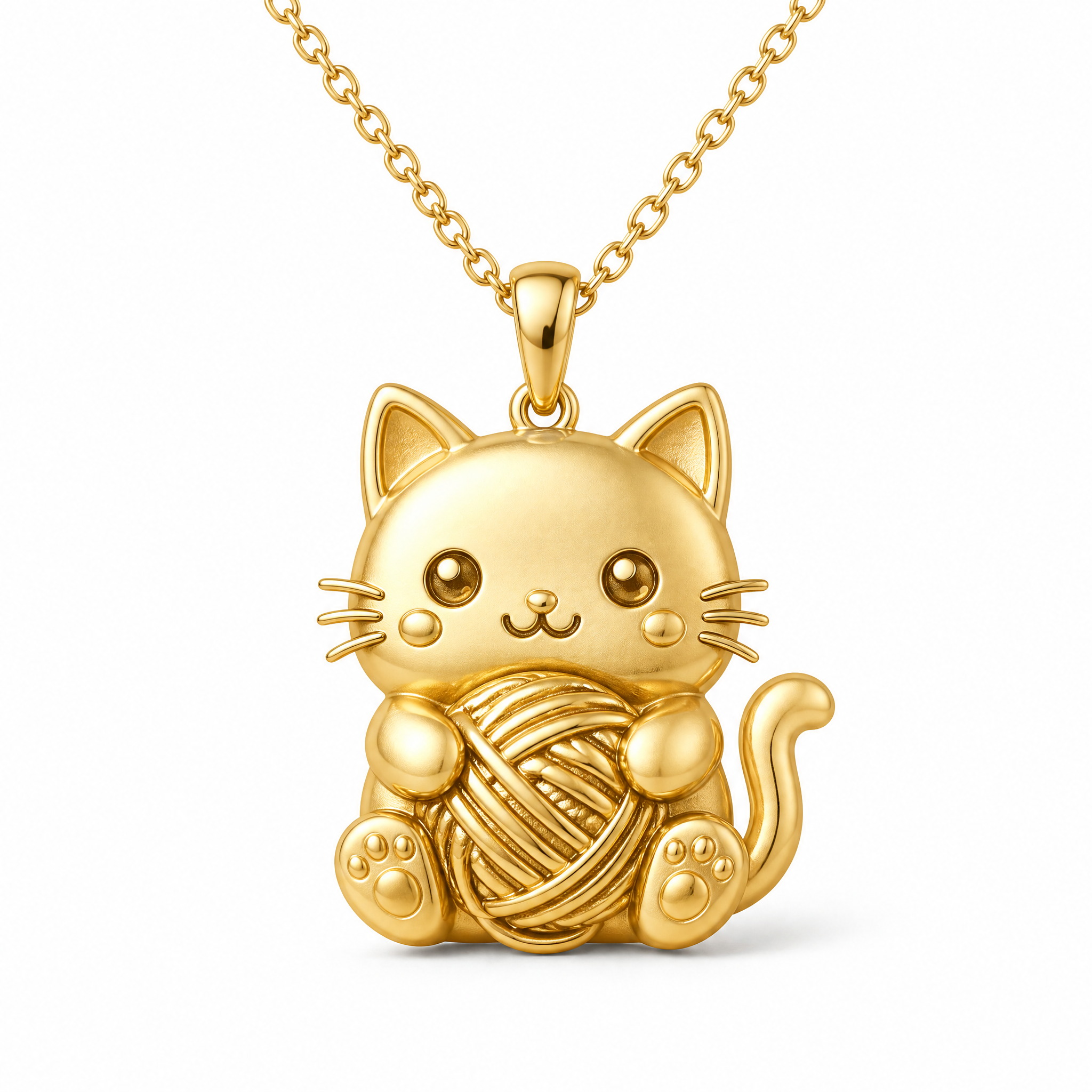 Custom Die Stamped Cat Pendant Necklace Kawaii White Cat with Red Yarn Ball Embossed Gold Tone Jewelry OEM