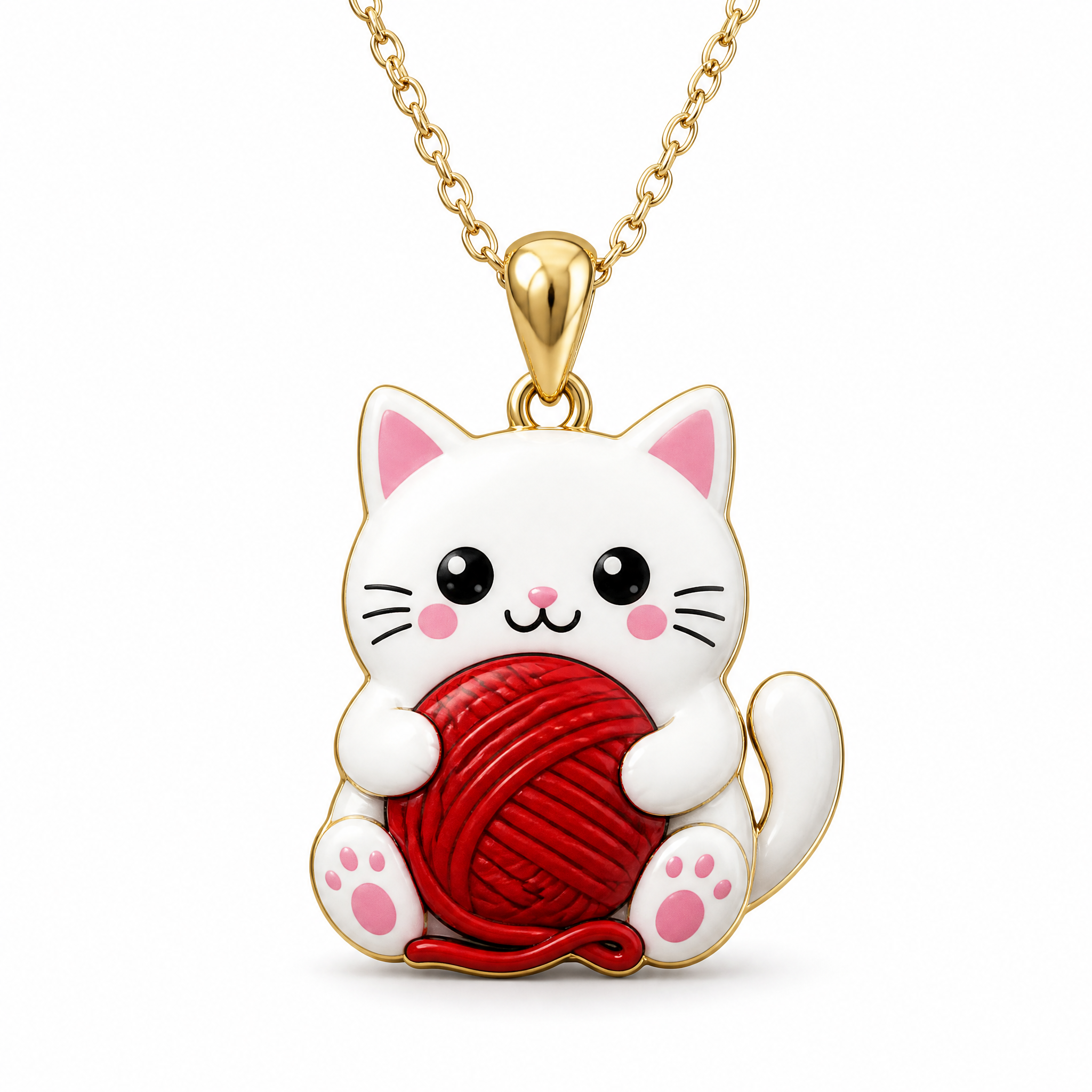 Custom UV Printed Cat Pendant Necklace Kawaii White Cat with Red Yarn Ball Full Color Gold Tone Jewelry OEM