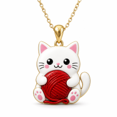 Custom UV Printed Cat Pendant Necklace Kawaii White Cat with Red Yarn Ball Full Color Gold Tone Jewelry OEM