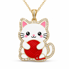 Custom Crystal Cat Pendant Necklace Kawaii White Cat with Red Yarn Ball Rhinestone Gold Tone Jewelry OEM