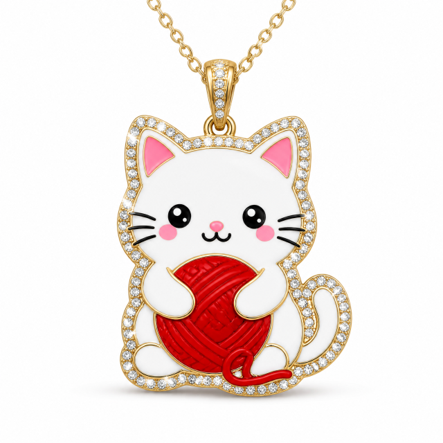 Custom Crystal Cat Pendant Necklace Kawaii White Cat with Red Yarn Ball Rhinestone Gold Tone Jewelry OEM