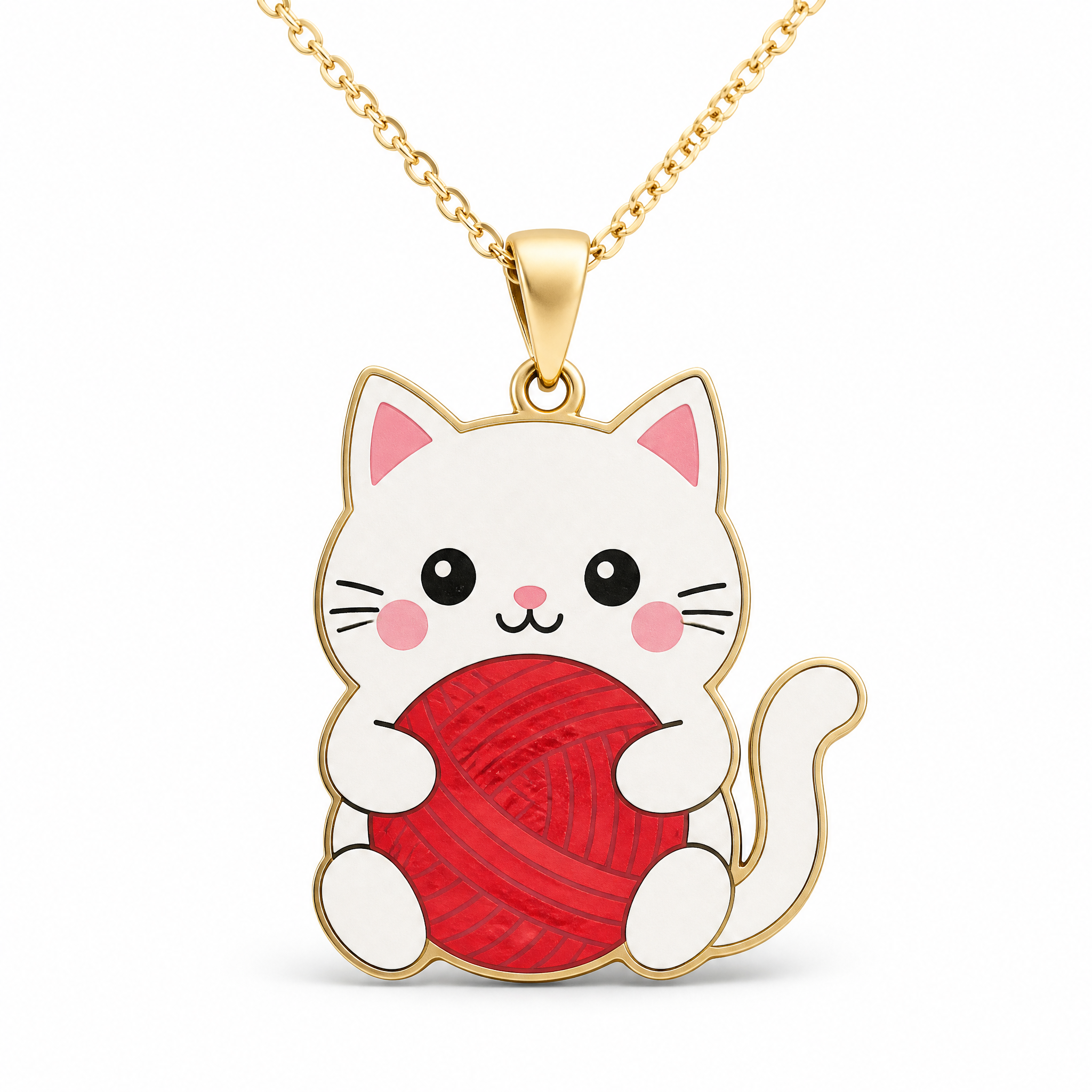 Custom Silk Screen Cat Pendant Necklace Kawaii White Cat with Red Yarn Ball Flat Print Gold Tone Jewelry OEM