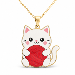 Custom Silk Screen Cat Pendant Necklace Kawaii White Cat with Red Yarn Ball Flat Print Gold Tone Jewelry OEM