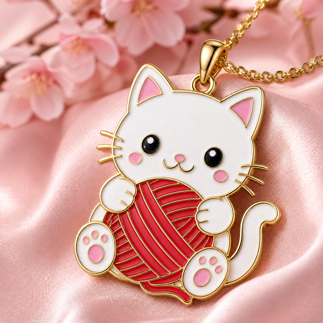 Custom Soft Enamel Cat Pendant Necklace Kawaii White Cat with Red Yarn Ball Charm Gold Tone Cable Chain Jewelry OEM