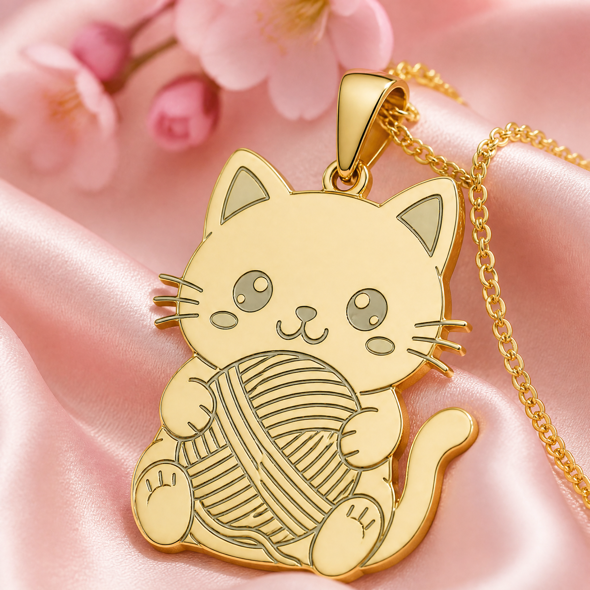 Custom Laser Engraved Cat Pendant Necklace Kawaii White Cat with Red Yarn Ball Gold Tone Metal Jewelry OEM
