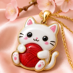Custom Epoxy Cat Pendant Necklace Kawaii White Cat with Red Yarn Ball Domed Resin Gold Tone Jewelry OEM