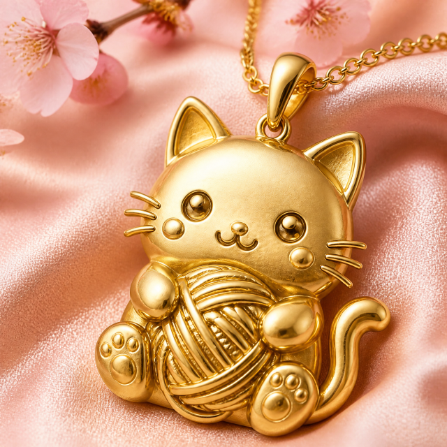 Custom Die Stamped Cat Pendant Necklace Kawaii White Cat with Red Yarn Ball Embossed Gold Tone Jewelry OEM