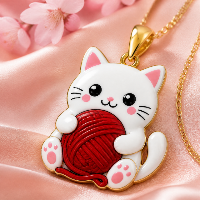 Custom UV Printed Cat Pendant Necklace Kawaii White Cat with Red Yarn Ball Full Color Gold Tone Jewelry OEM