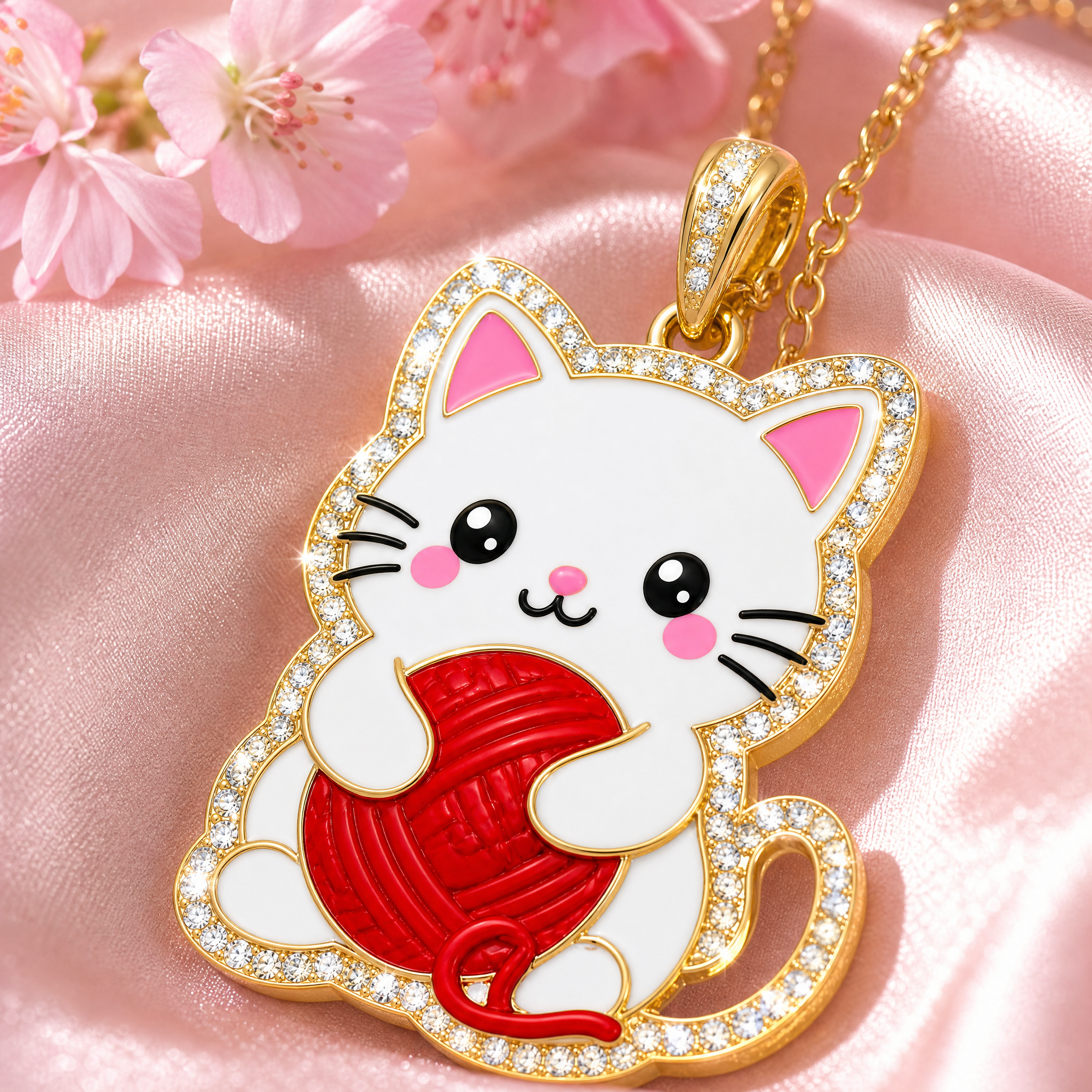 Custom Crystal Cat Pendant Necklace Kawaii White Cat with Red Yarn Ball Rhinestone Gold Tone Jewelry OEM