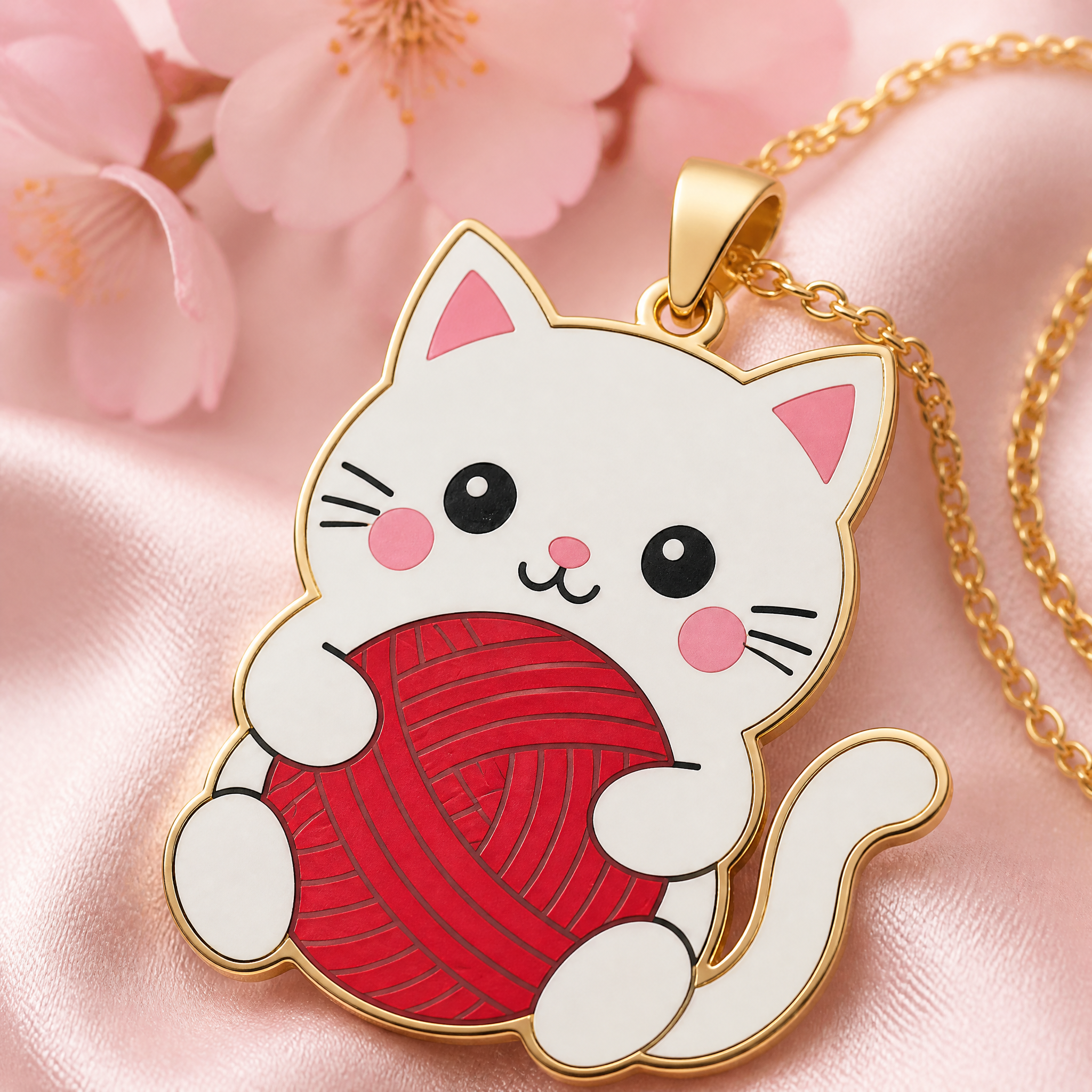 Custom Silk Screen Cat Pendant Necklace Kawaii White Cat with Red Yarn Ball Flat Print Gold Tone Jewelry OEM