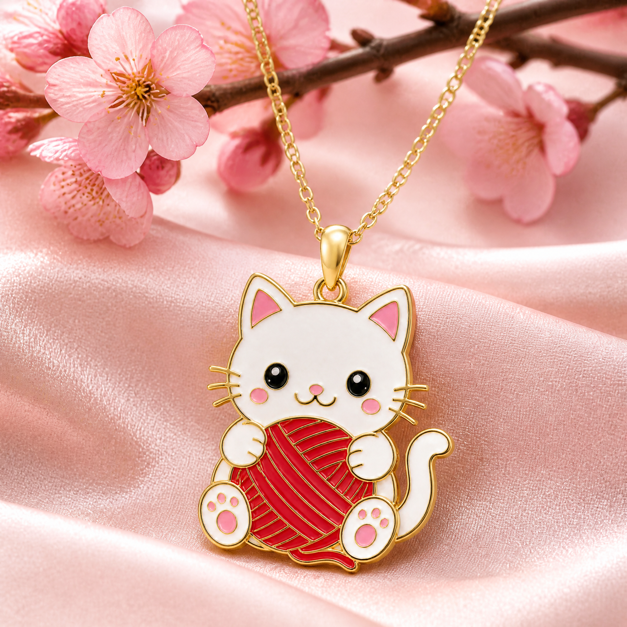 Custom Soft Enamel Cat Pendant Necklace Kawaii White Cat with Red Yarn Ball Charm Gold Tone Cable Chain Jewelry OEM