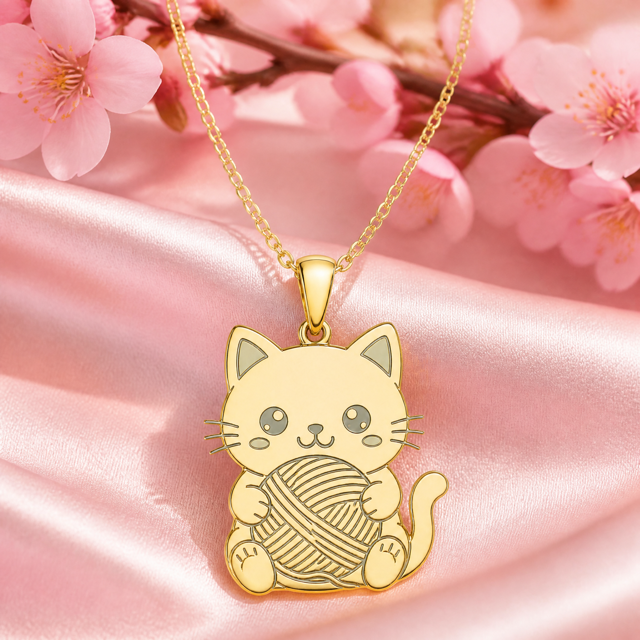 Custom Laser Engraved Cat Pendant Necklace Kawaii White Cat with Red Yarn Ball Gold Tone Metal Jewelry OEM
