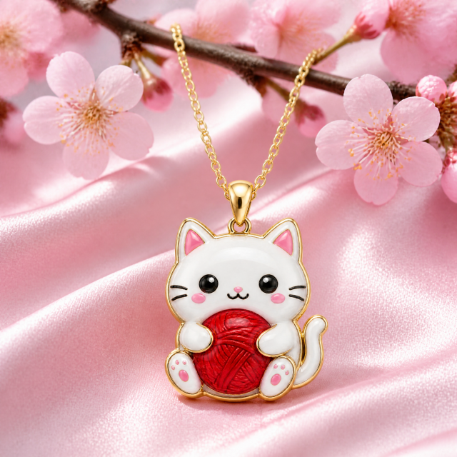 Custom Epoxy Cat Pendant Necklace Kawaii White Cat with Red Yarn Ball Domed Resin Gold Tone Jewelry OEM