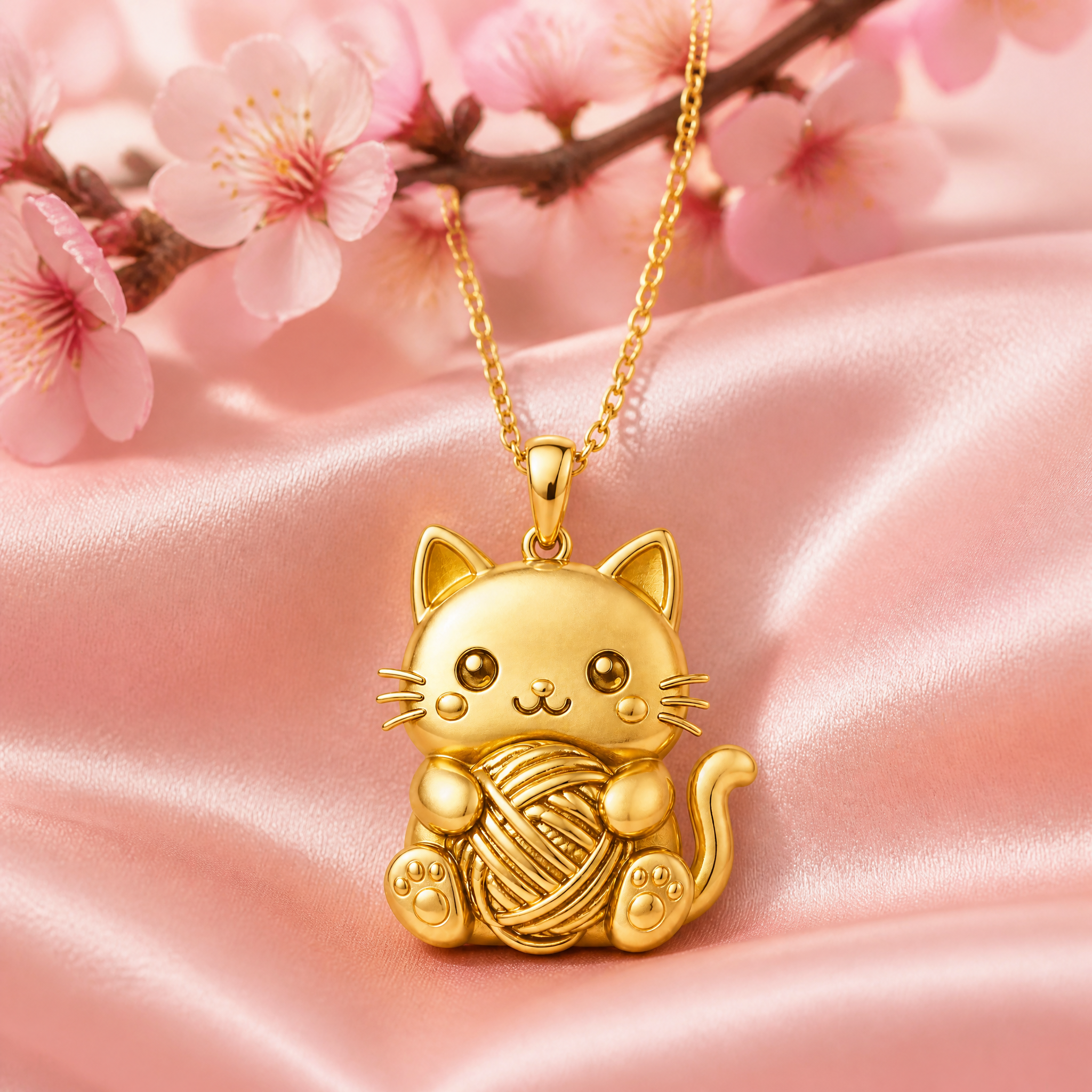 Custom Die Stamped Cat Pendant Necklace Kawaii White Cat with Red Yarn Ball Embossed Gold Tone Jewelry OEM