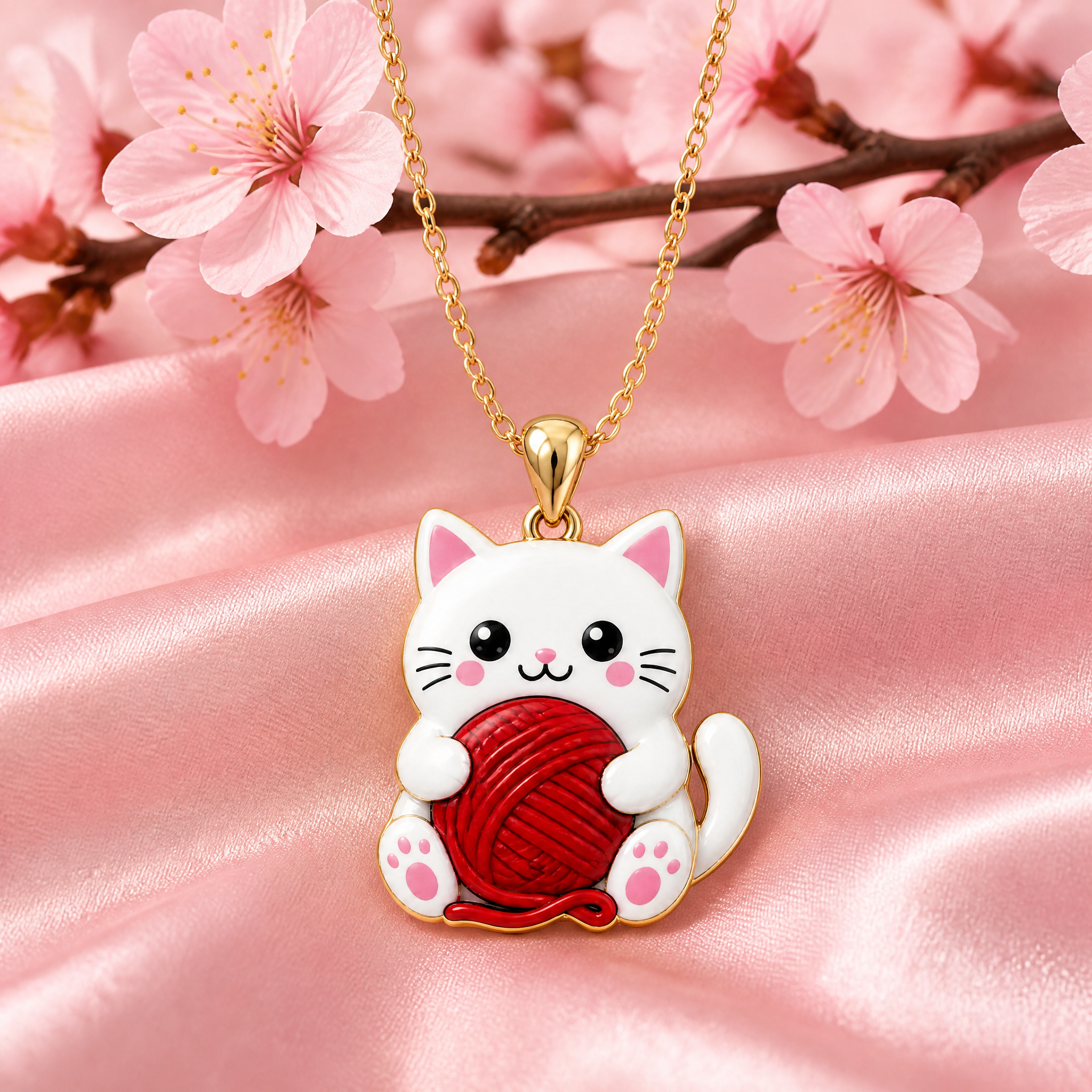 Custom UV Printed Cat Pendant Necklace Kawaii White Cat with Red Yarn Ball Full Color Gold Tone Jewelry OEM