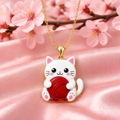 Custom UV Printed Cat Pendant Necklace Kawaii White Cat with Red Yarn Ball Full Color Gold Tone Jewelry OEM