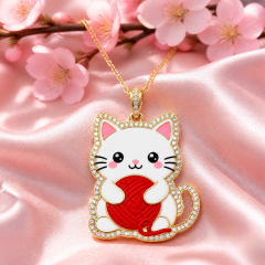 Custom Crystal Cat Pendant Necklace Kawaii White Cat with Red Yarn Ball Rhinestone Gold Tone Jewelry OEM