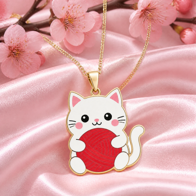 Custom Silk Screen Cat Pendant Necklace Kawaii White Cat with Red Yarn Ball Flat Print Gold Tone Jewelry OEM