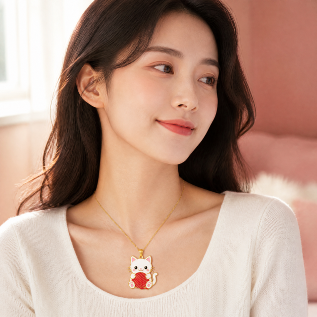 Custom Soft Enamel Cat Pendant Necklace Kawaii White Cat with Red Yarn Ball Charm Gold Tone Cable Chain Jewelry OEM