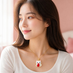 Custom Epoxy Cat Pendant Necklace Kawaii White Cat with Red Yarn Ball Domed Resin Gold Tone Jewelry OEM