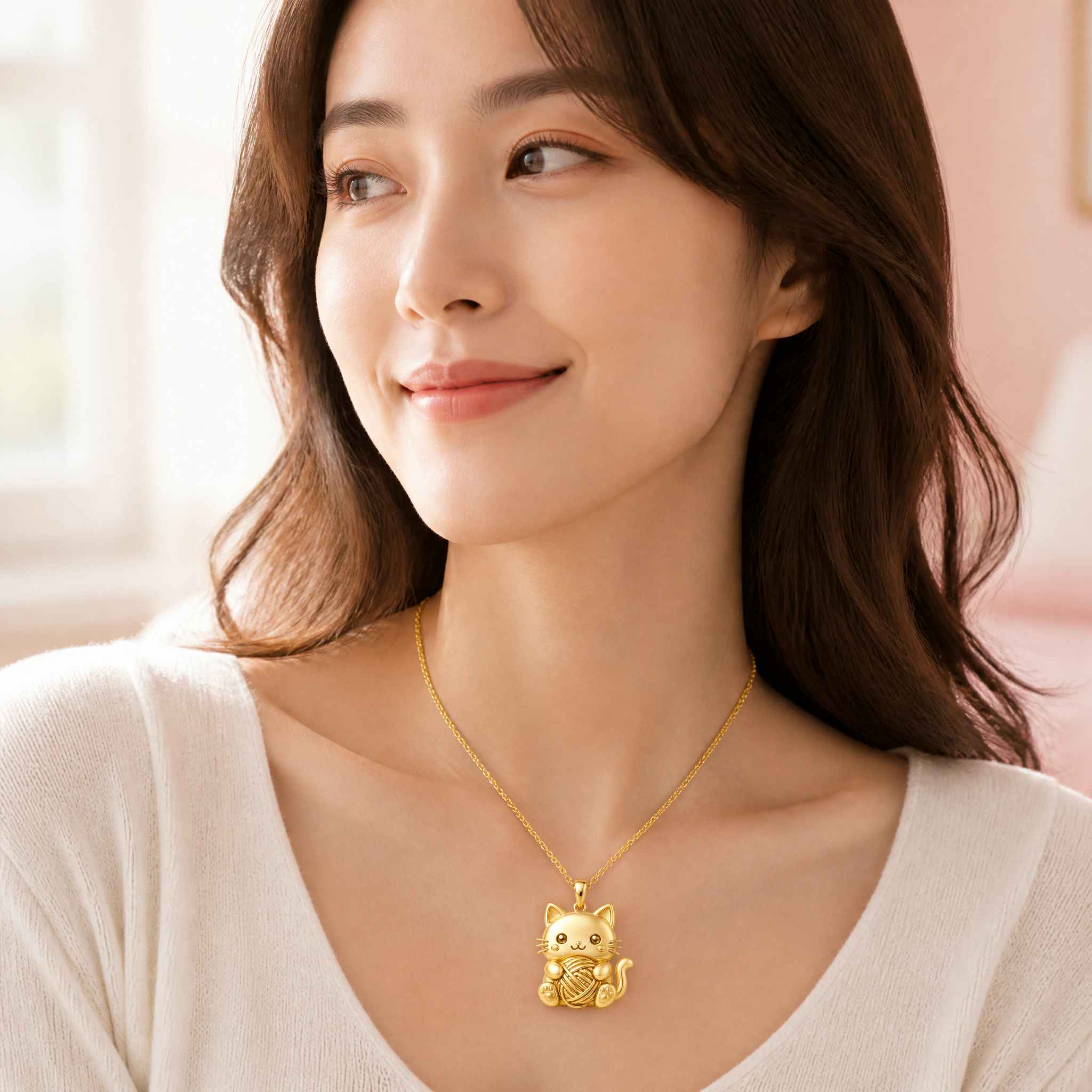 Custom Die Stamped Cat Pendant Necklace Kawaii White Cat with Red Yarn Ball Embossed Gold Tone Jewelry OEM