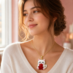 Custom UV Printed Cat Pendant Necklace Kawaii White Cat with Red Yarn Ball Full Color Gold Tone Jewelry OEM