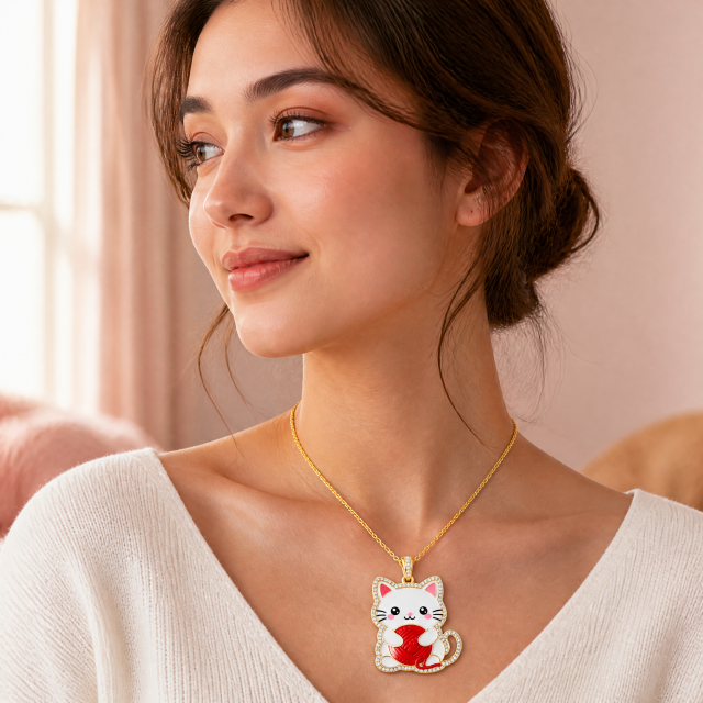 Custom Crystal Cat Pendant Necklace Kawaii White Cat with Red Yarn Ball Rhinestone Gold Tone Jewelry OEM