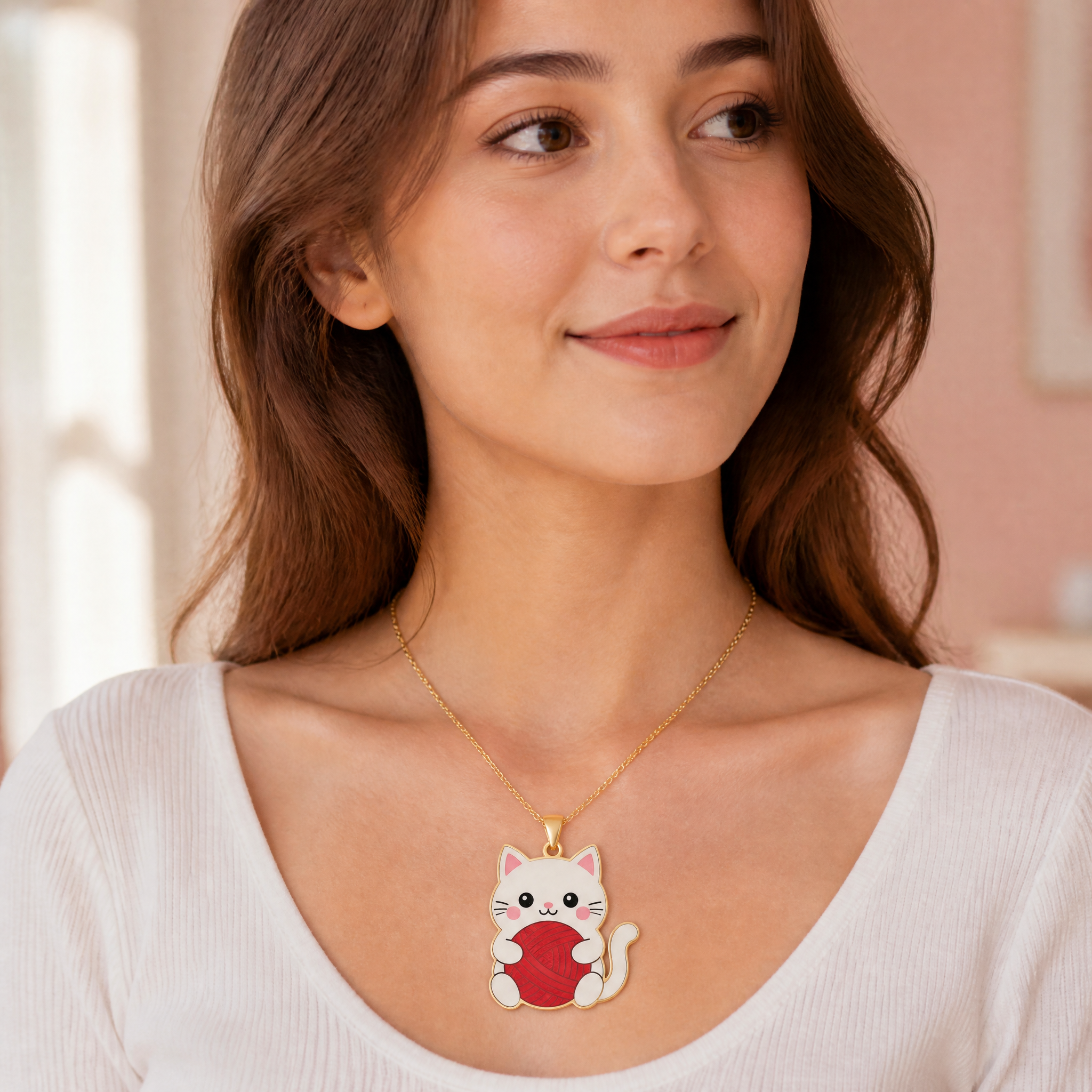 Custom Silk Screen Cat Pendant Necklace Kawaii White Cat with Red Yarn Ball Flat Print Gold Tone Jewelry OEM