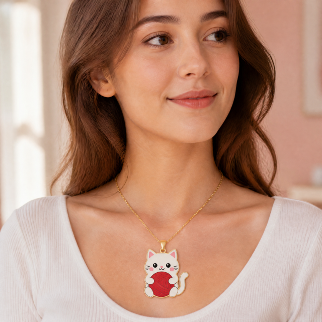 Custom Silk Screen Cat Pendant Necklace Kawaii White Cat with Red Yarn Ball Flat Print Gold Tone Jewelry OEM