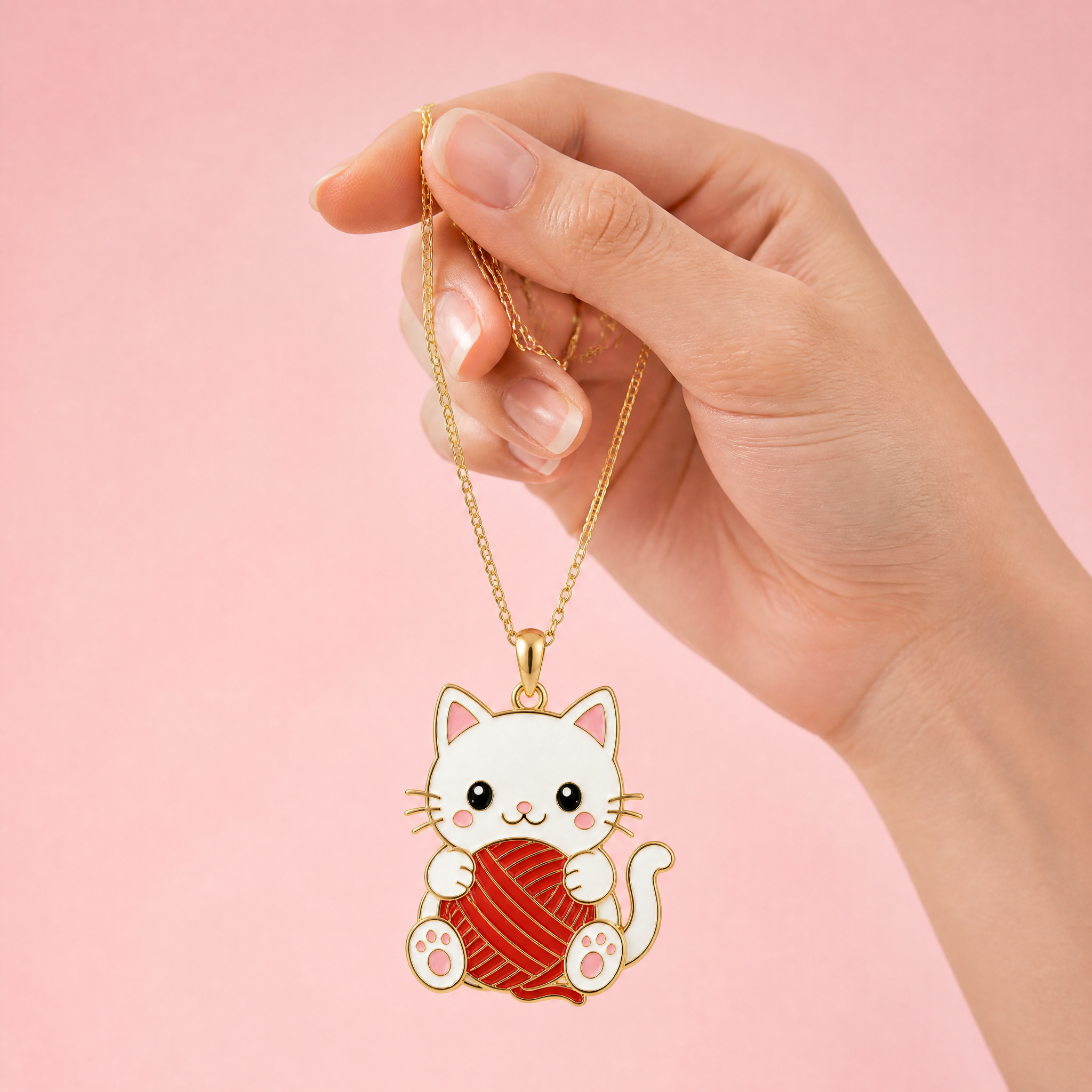 Custom Soft Enamel Cat Pendant Necklace Kawaii White Cat with Red Yarn Ball Charm Gold Tone Cable Chain Jewelry OEM