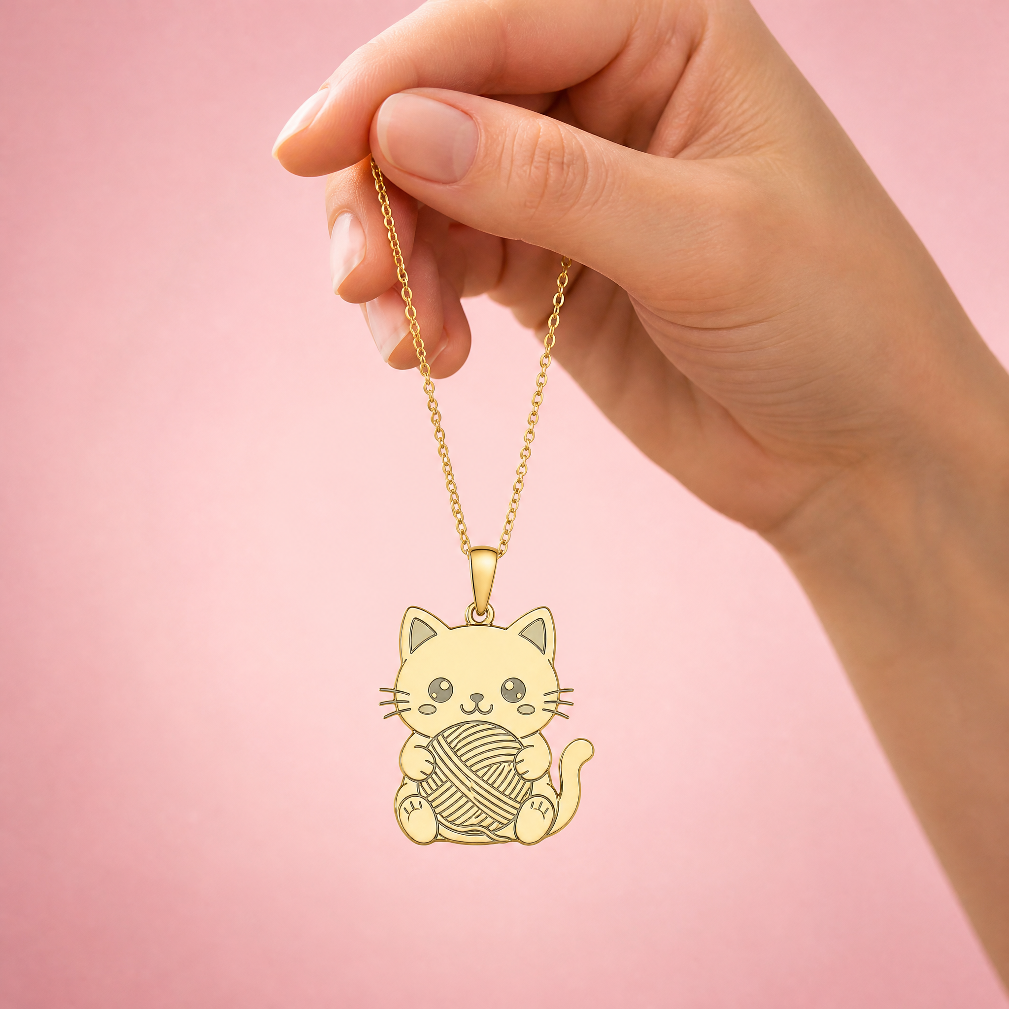 Custom Laser Engraved Cat Pendant Necklace Kawaii White Cat with Red Yarn Ball Gold Tone Metal Jewelry OEM