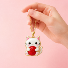 Custom Epoxy Cat Pendant Necklace Kawaii White Cat with Red Yarn Ball Domed Resin Gold Tone Jewelry OEM
