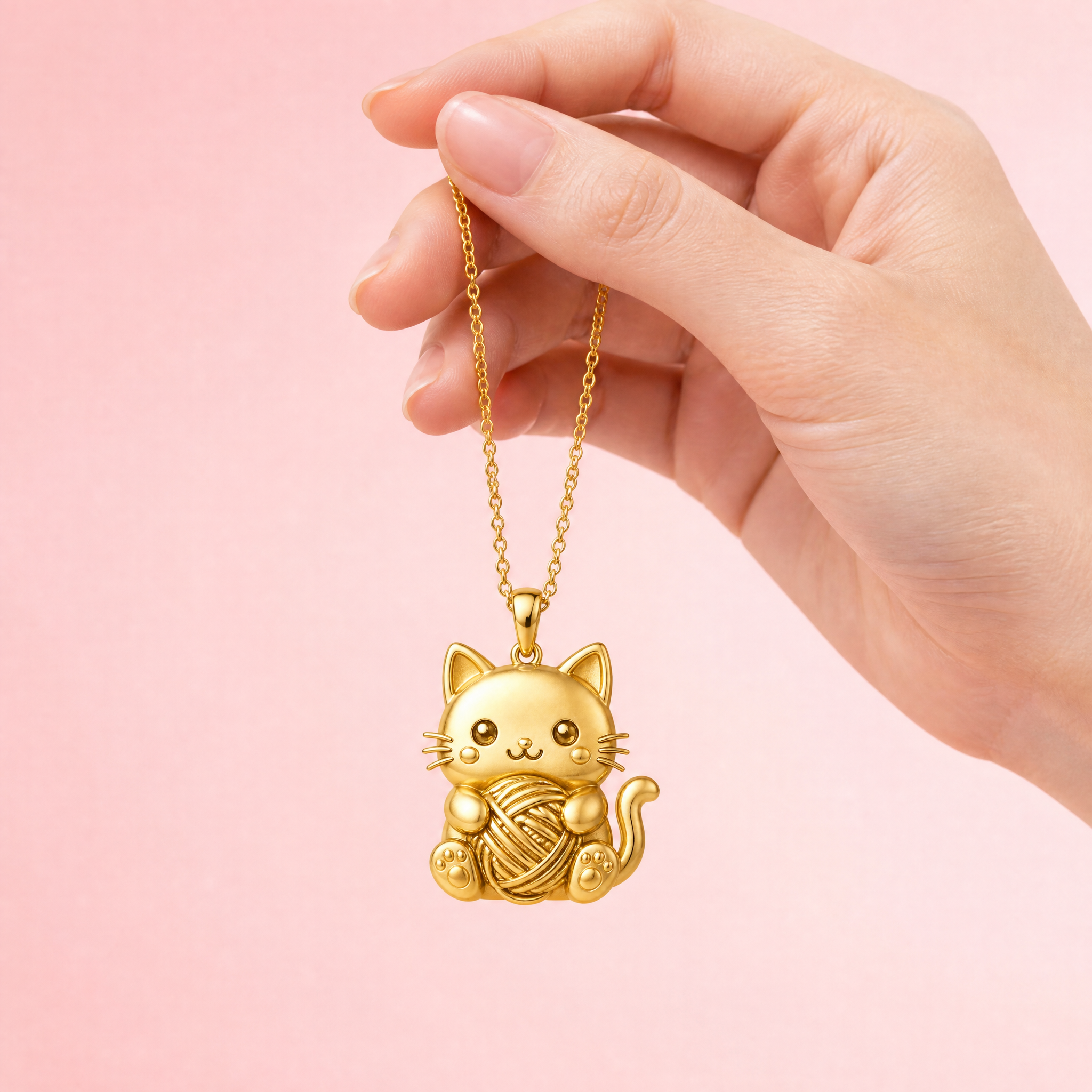 Custom Die Stamped Cat Pendant Necklace Kawaii White Cat with Red Yarn Ball Embossed Gold Tone Jewelry OEM