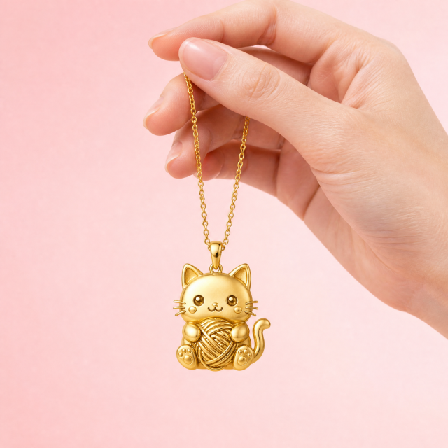 Custom Die Stamped Cat Pendant Necklace Kawaii White Cat with Red Yarn Ball Embossed Gold Tone Jewelry OEM