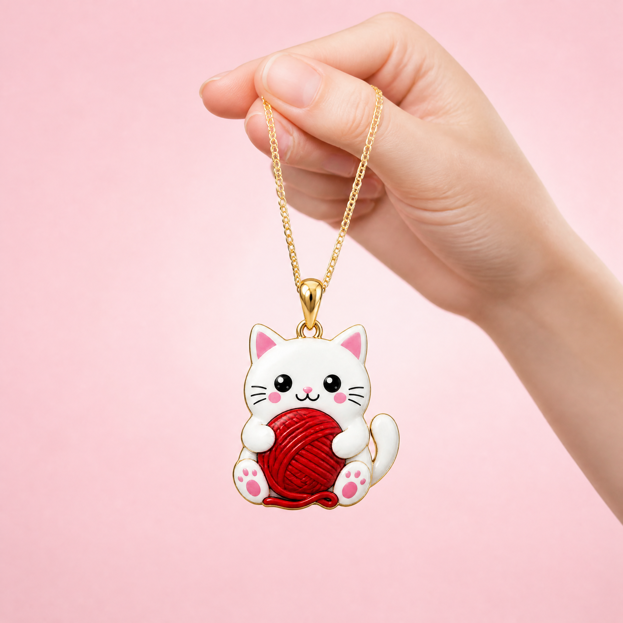 Custom UV Printed Cat Pendant Necklace Kawaii White Cat with Red Yarn Ball Full Color Gold Tone Jewelry OEM