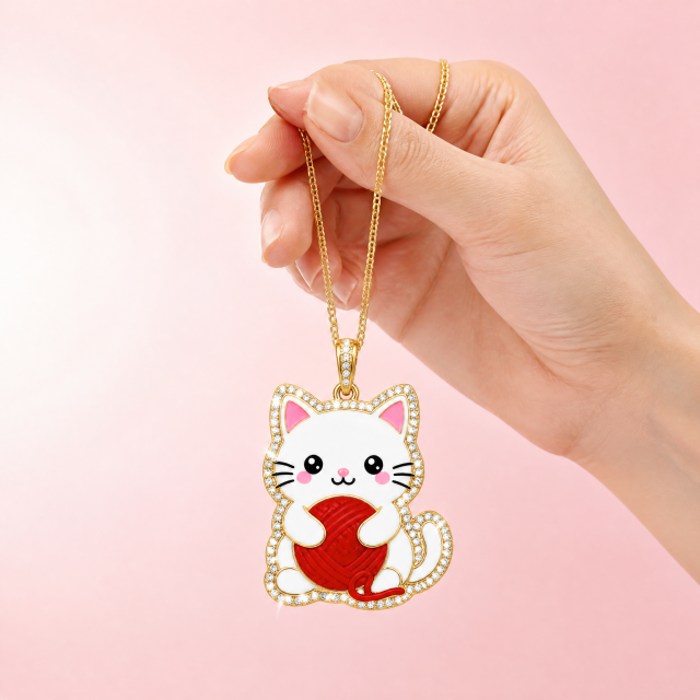 Custom Crystal Cat Pendant Necklace Kawaii White Cat with Red Yarn Ball Rhinestone Gold Tone Jewelry OEM