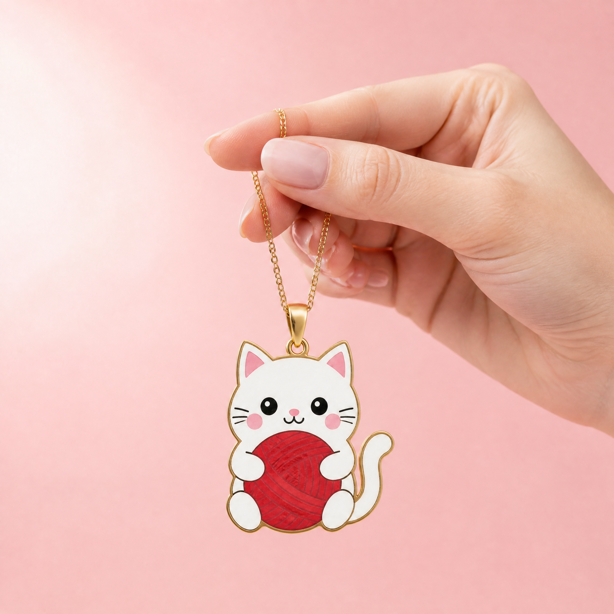 Custom Silk Screen Cat Pendant Necklace Kawaii White Cat with Red Yarn Ball Flat Print Gold Tone Jewelry OEM
