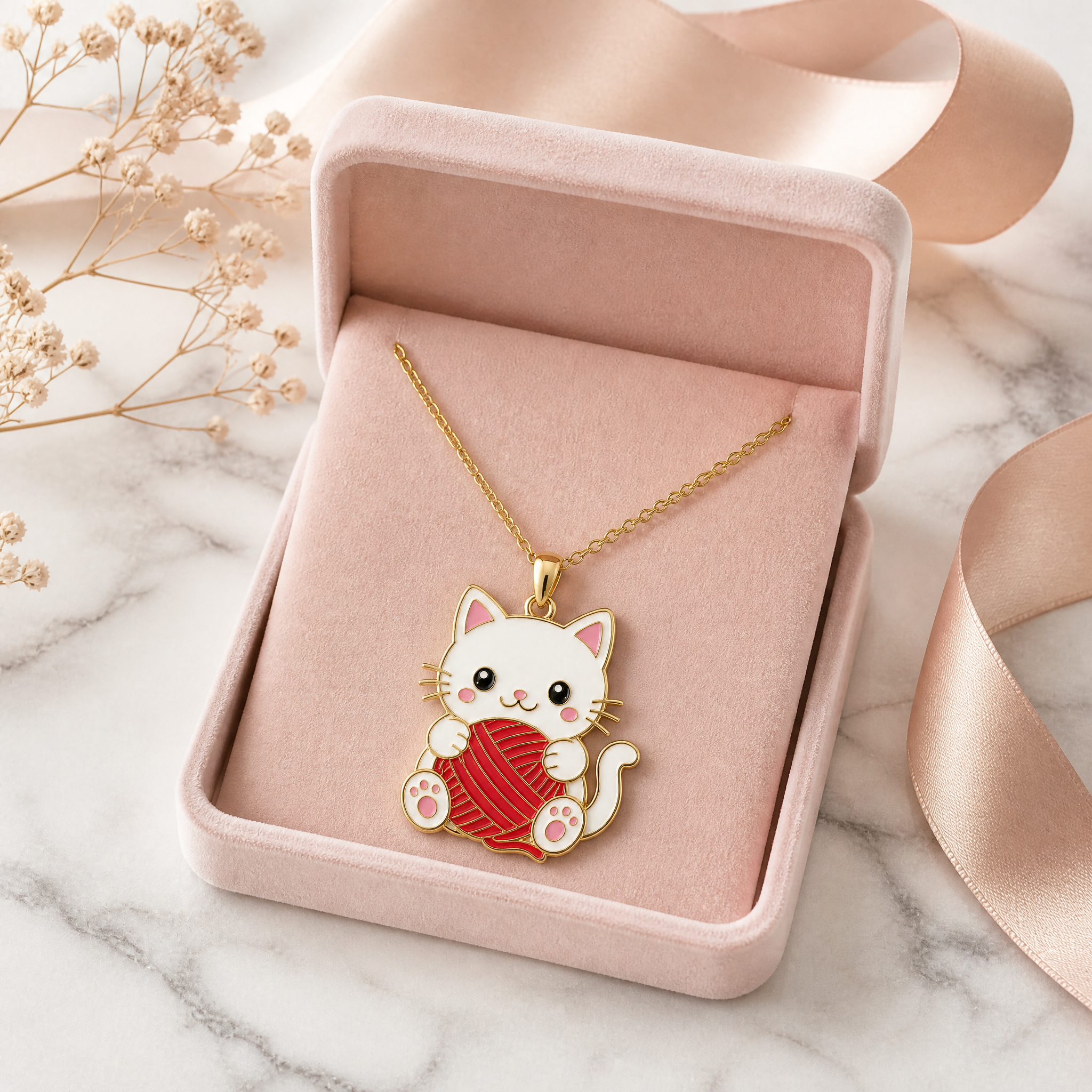 Custom Soft Enamel Cat Pendant Necklace Kawaii White Cat with Red Yarn Ball Charm Gold Tone Cable Chain Jewelry OEM