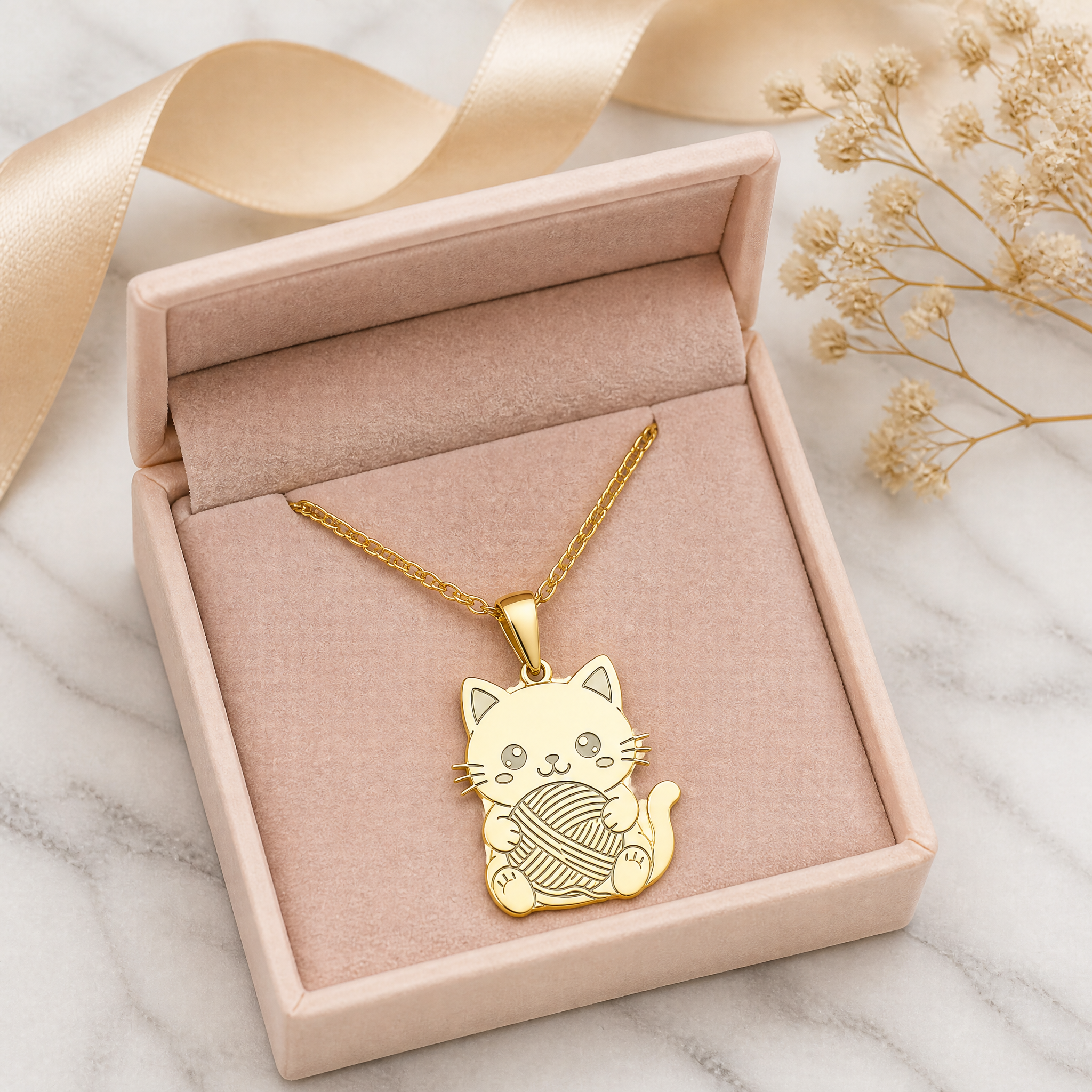 Custom Laser Engraved Cat Pendant Necklace Kawaii White Cat with Red Yarn Ball Gold Tone Metal Jewelry OEM