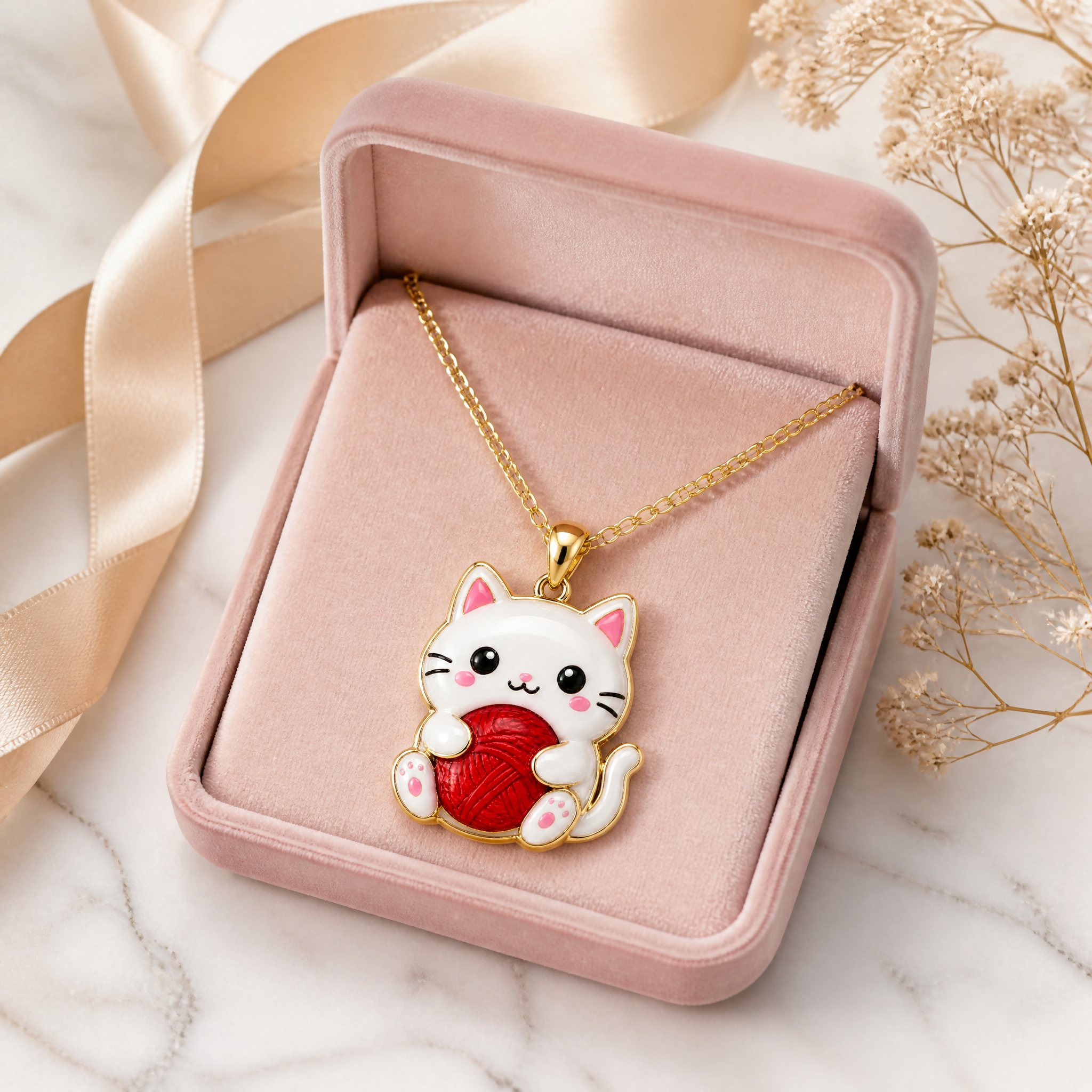 Custom Epoxy Cat Pendant Necklace Kawaii White Cat with Red Yarn Ball Domed Resin Gold Tone Jewelry OEM