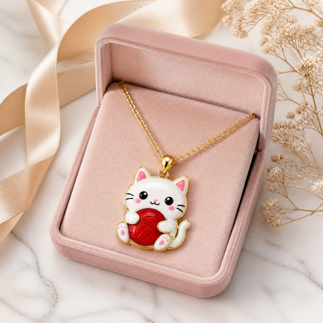Custom Epoxy Cat Pendant Necklace Kawaii White Cat with Red Yarn Ball Domed Resin Gold Tone Jewelry OEM