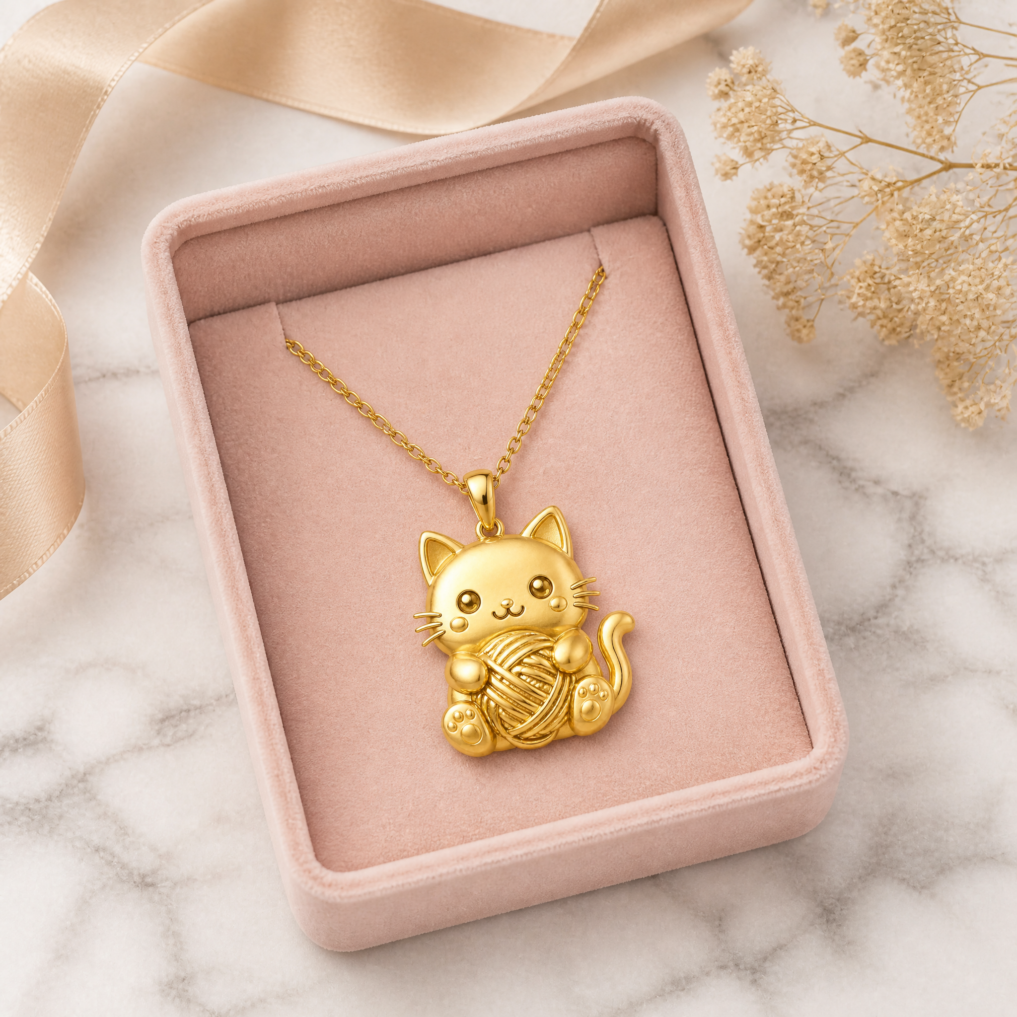 Custom Die Stamped Cat Pendant Necklace Kawaii White Cat with Red Yarn Ball Embossed Gold Tone Jewelry OEM