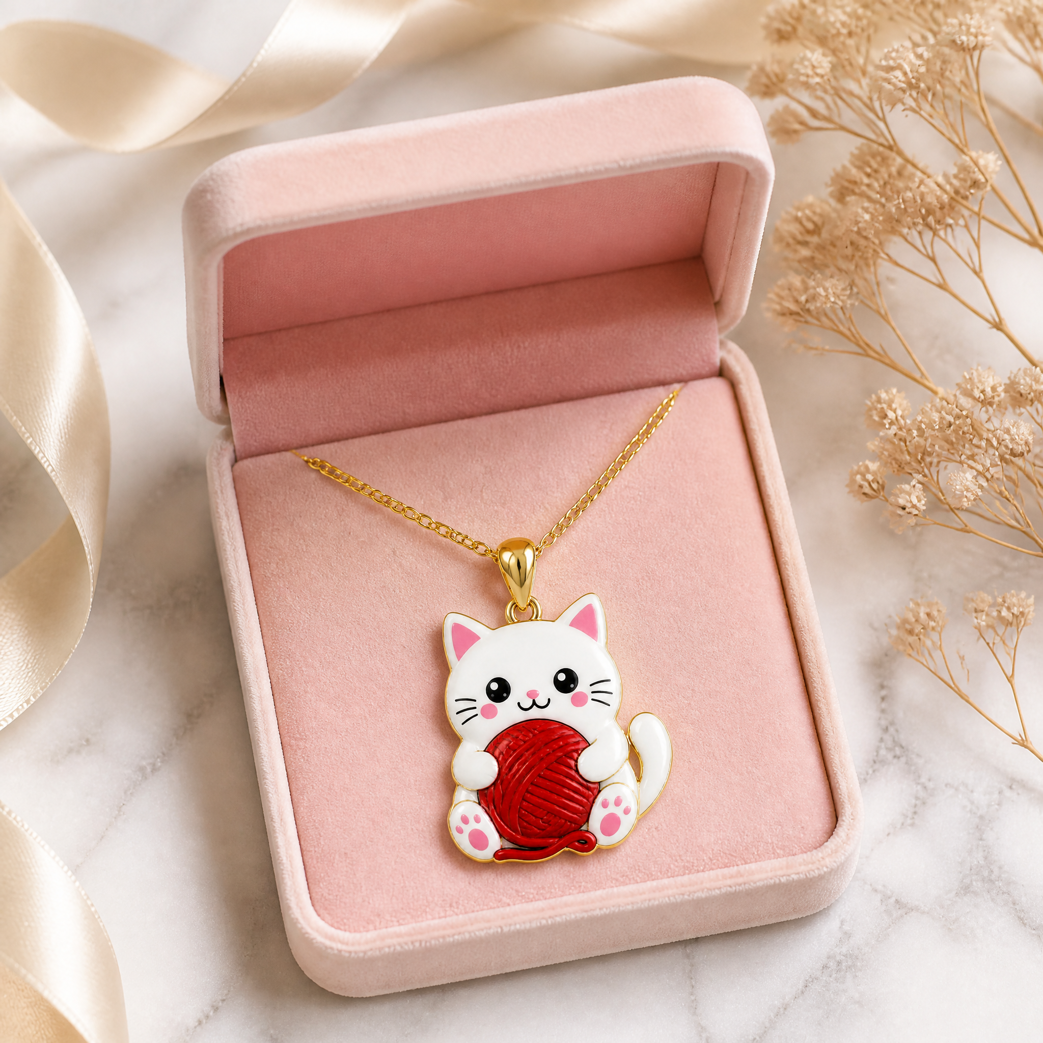 Custom UV Printed Cat Pendant Necklace Kawaii White Cat with Red Yarn Ball Full Color Gold Tone Jewelry OEM