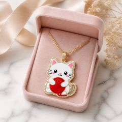 Custom Crystal Cat Pendant Necklace Kawaii White Cat with Red Yarn Ball Rhinestone Gold Tone Jewelry OEM