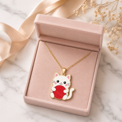 Custom Silk Screen Cat Pendant Necklace Kawaii White Cat with Red Yarn Ball Flat Print Gold Tone Jewelry OEM