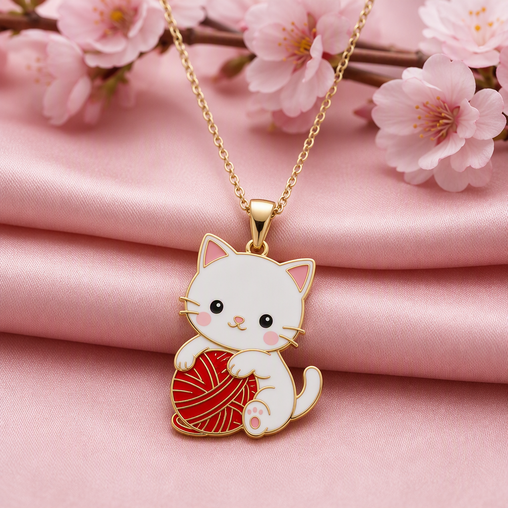 Custom Hard Enamel Cat Pendant Necklace Kawaii White Cat with Red Yarn Ball Charm Gold Tone Cable Chain Jewelry OEM