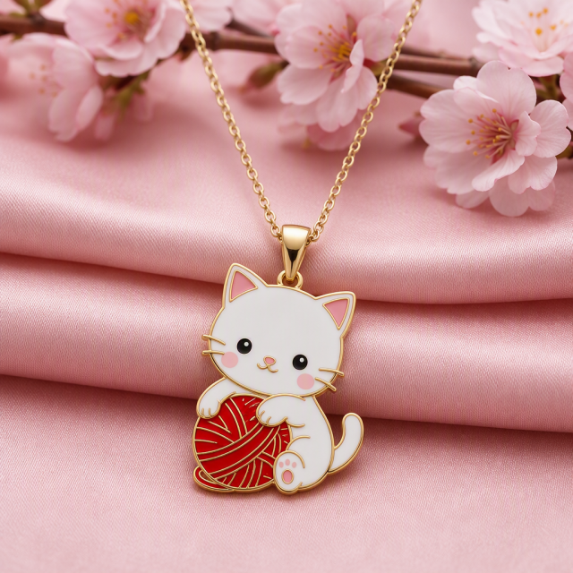 Custom Hard Enamel Cat Pendant Necklace Kawaii White Cat with Red Yarn Ball Charm Gold Tone Cable Chain Jewelry OEM