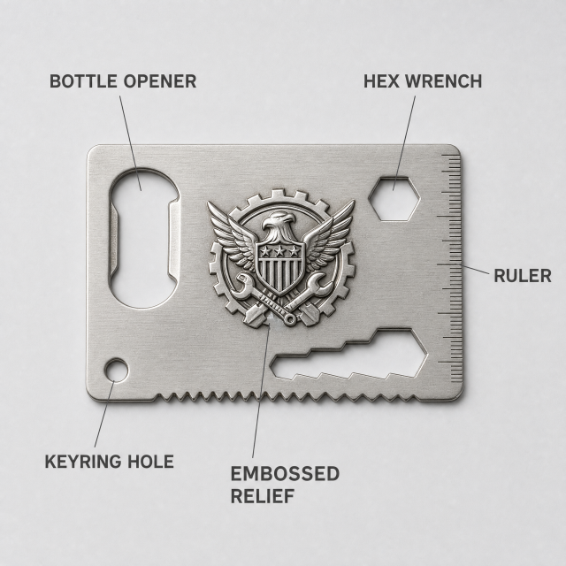 Custom Embossed Stainless Steel Credit Card Bottle Opener Multi-tool Wholesale