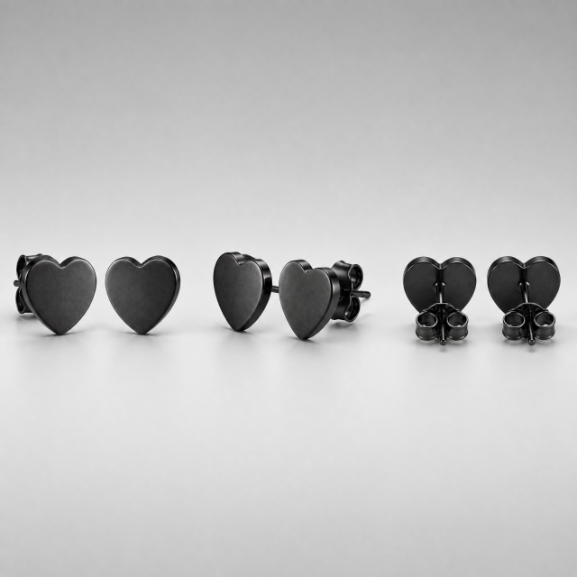 PVD Plated Heart Stud Earrings Stainless Steel Gunmetal Hypoallergenic Fashion Jewelry